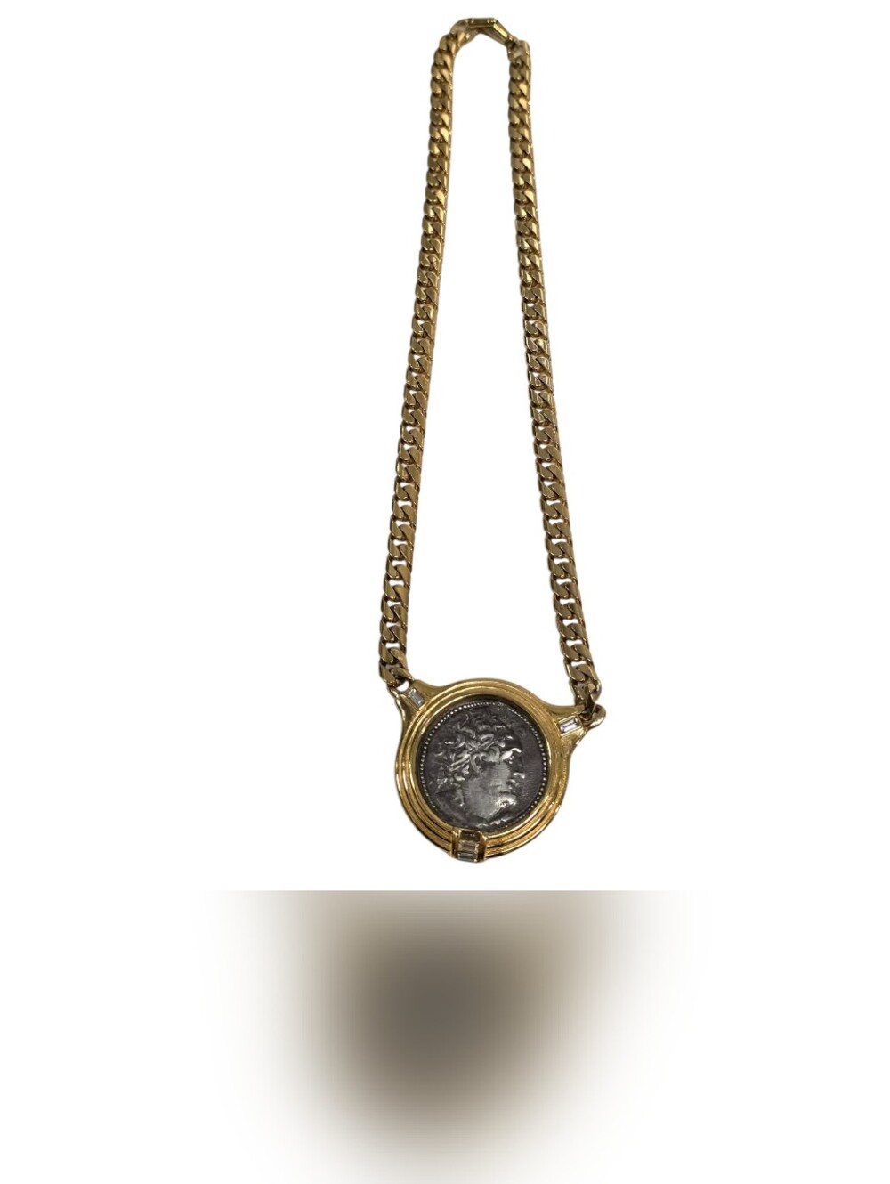Gold-Tone Curb‎ Chain Ancient Replica Roman Coin & White Stones Bezel Necklacr